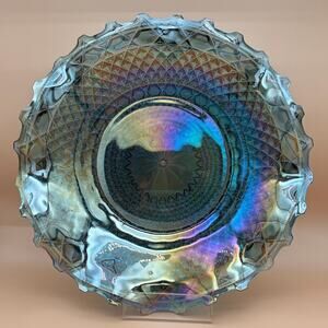 Vintage Indiana Glass Iridescent Teal Diamond Point Hobstar Console Bowl 12.5”